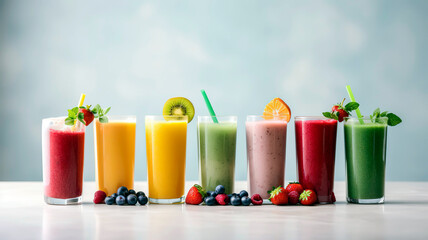 Healthy smoothies in various colors, served in tall glasses and garnished with fresh fruit, set on a bright, clean background. - obrazy, fototapety, plakaty