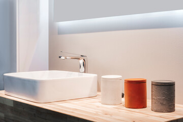 Washbasin with faucet  in minimalist modern bathroom, bathroom interior