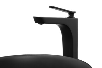 Black washbasin with black faucet  in minimalist modern bathroom, bathroom interior