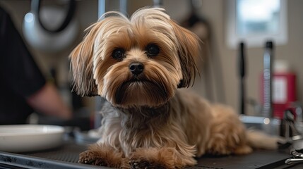 Adorable dog on the working table of a groomer. Generative AI