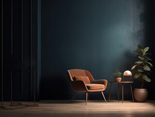 Living room interior mockup in warm tones with armchair on empty dark blue wall background.