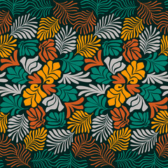 Multicolor abstract background with tropical palm leaves in Matisse style. Vector seamless pattern with Scandinavian cut out elements.