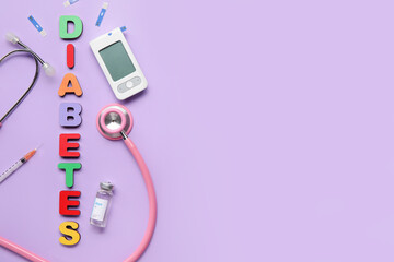 Word DIABETES with glucometer and insulin on lilac background