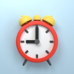 Red alarm clock for reminder at time and time management. isolated on blue background. 3d realistic symbol icon cartoon render.business planning deadline schedule concept.