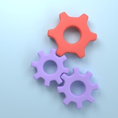 Metal gears and cogs for settings, process and progress business. isolated on blue background. 3d realistic symbol icon cartoon render.development business and setting concept.