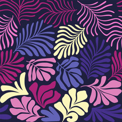 Multicolor abstract background with tropical palm leaves in Matisse style. Vector seamless pattern with Scandinavian cut out elements.