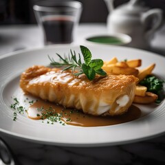 Fish and chips the British fast food and street food of cod, haddock, halibut with french fries. Crunchy, salty, delicious, authentic and tasty. A traditional dish. - Generative AI