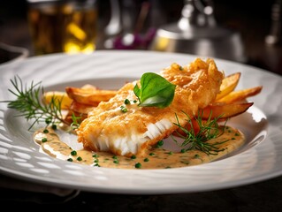 Fish and chips the British fast food and street food of cod, haddock, halibut with french fries. Crunchy, salty, delicious, authentic and tasty. A traditional dish. - Generative AI
