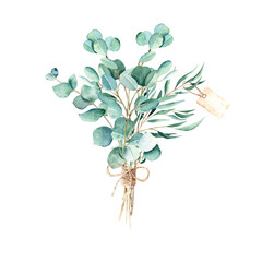 Fototapeta na wymiar Eucalyptus watercolor bouquet. Willow, silver dollar and true blue branches with jute cord bow and vintage paper tag. Hand drawn botanical illustration isolated on white background. Can be used for