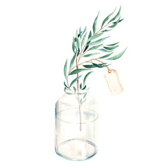 Eucalyptus branch with vintage paper tag in vase, bottle, jar. Willow. Watercolor hand drawn botanical illustration isolated on white background. Eco minimalistic style for greeting card, poster.