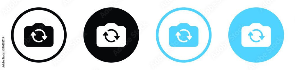 Aufkleber Flip camera icon. Photo camera symbol with rotation circular two arrows icon. rotate camera icon button in filled, thin line, outline and stroke style for apps and website