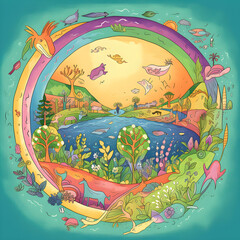 Fototapeta premium Imaginative, fairy tale Earth Day illustration: sustainable future with thriving Earth, humans, animals & nature in harmony. High-res image embodying eco-consciousness. Created using generative AI.