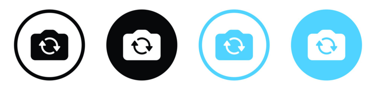 Flip camera icon. Photo camera symbol with rotation circular two arrows icon. rotate camera icon button in filled, thin line, outline and stroke style for apps and website
