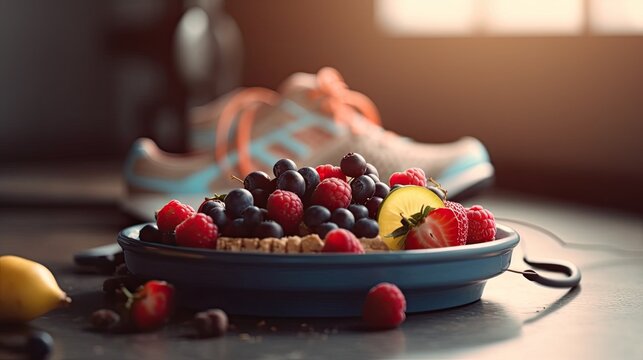 Healthy lifestyle concept with food and sport items. Generative AI