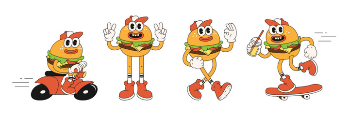 Burger retro cartoon fast food stickers. Comic character with happy smile face and other elements for burger bar, cafe, restaurant. Groovy funky vector illustration in trendy retro cartoon style. - obrazy, fototapety, plakaty