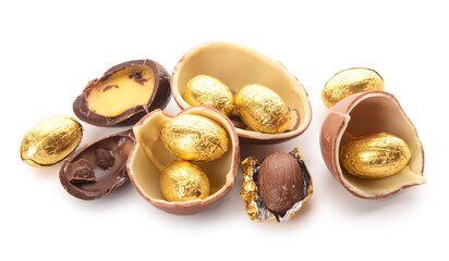 Different chocolate Easter eggs isolated on white background