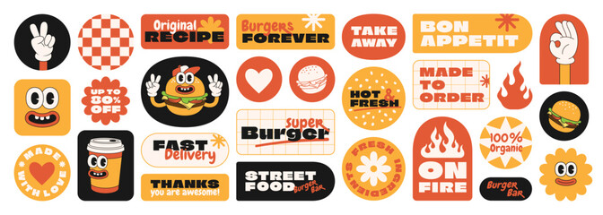 Burger retro cartoon fast food stickers. Comic character, slogan, quotes and other elements for burger bar, cafe, restaurant. Groovy funky vector illustration in trendy retro cartoon style. - obrazy, fototapety, plakaty