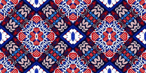 Folkart quilt whimsical border. Norwegian style European cloth. Patchwork red white blue trendy washi tape. 