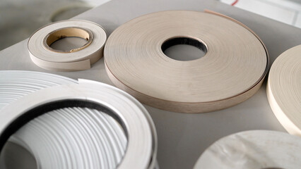 Plastic pre glued edge banding tape for furniture decor and repair. Material for gluing chipboard...