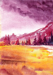 Fototapeta premium An empty blank for your landscape with the sky, trees on the horizon and a field in the foreground. Hand drawn watercolors on paper textures. Вitmap