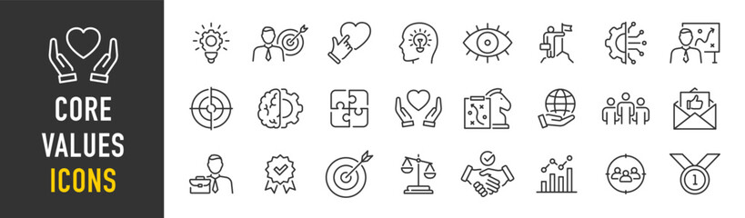 Core Values web icon set in line style. Innovation, integrity, customers, accountability, teamwork, goals, motivation collection. Vector illustration.
