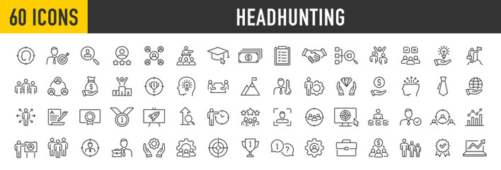 Fototapeta na wymiar Set of 60 Headhunting web icons in line style. Recruitment, career, resume, work group, candidate, job hiring, collection. Vector illustration.