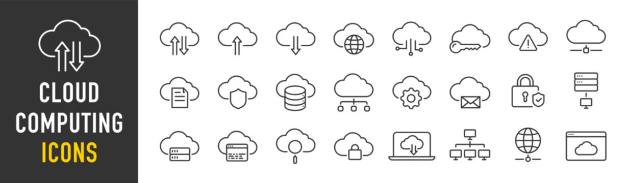 Cloud computing web icons in line style. Cloud technology, data center, connection network, digital service, database platform, collection. Vector illustration.