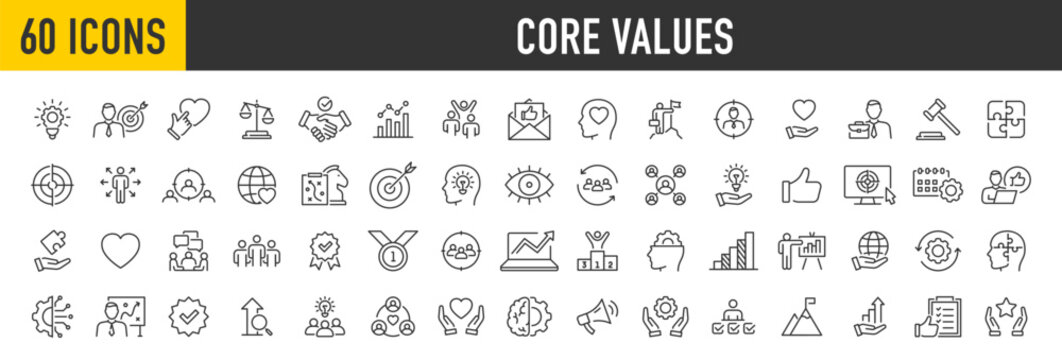Set of 60 Core Values web icon set in line style. Innovation, integrity, customers, accountability, teamwork, goals, motivation collection. Vector illustration.
