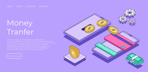 Fototapeta na wymiar Money transfer from phone to phone. Online banking. Capital flow, earning or making money. Financial savings or economy concept. Vector illustration concept