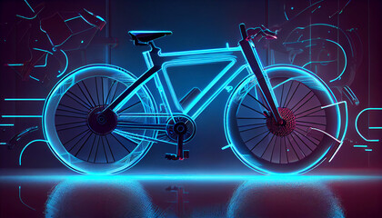 Fototapeta na wymiar Cyberpunk neon electric bike. blue Concept background. Futuristic style, concept bike with neon wheels. Generative AI.