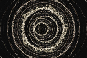 Beige round pattern of crooked waves on a black background. Abstract fractal 3D rendering