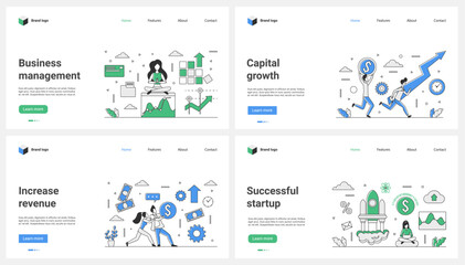 Obraz na płótnie Canvas Business management and success startup, capital growth, efficiency thin line set vector illustration. Cartoon tiny people launch project rocket, work with chart up arrow to increase money profit