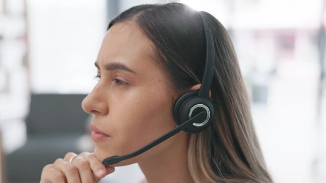 Business woman, call center and thinking in consulting for customer service, telemarketing or support at office. Thoughtful female consultant agent talking and wondering with headphones in contact us