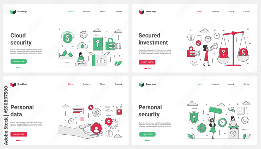 Poster personal data security, investment and cloud storage set vector illustration. cartoon tiny people wo