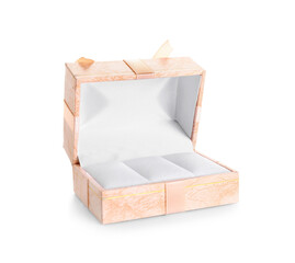 Empty box for wedding rings on white background
