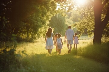 Obraz na płótnie Canvas Family in park walking. Generate Ai