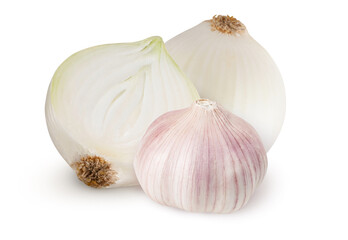 Garlic and white onion on an isolated white background.