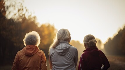 Active older women from behind, outdoors. Generative AI