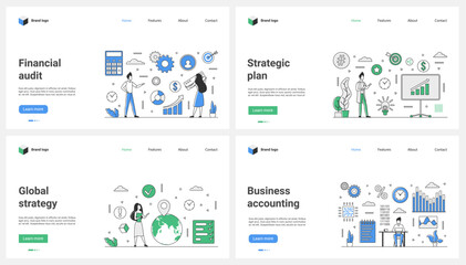 Business accounting, financial audit, global strategy and development plan set vector illustration. Cartoon office tiny people work on finance projects with digital data charts and statistics reports