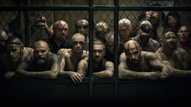 Men locked in a cell looking angry, a depiction of frustration and confinement, generative ai