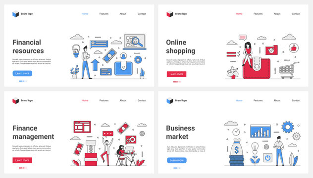 Online shopping, budget management and financial resources, business market set vector illustration. Cartoon tiny people work online on data analysis, buy on sales in stores and invest in ecommerce