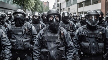 Police officers in action amidst social protests, maintaining order and safety, generative ai