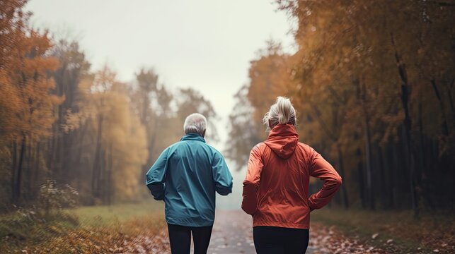 Active older couple running outdoors. Generative AI