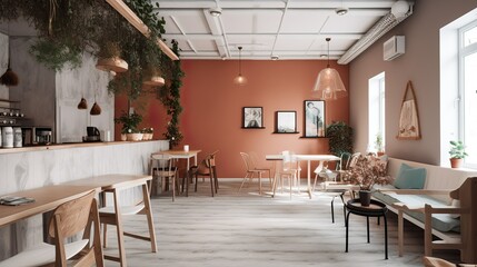 Rustic and bohemian coffee house interior with pastel colors and plants, AI generated 