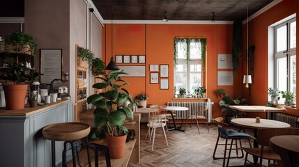Cozy speciality coffee house interior with brick wall and light windows, AI generated 