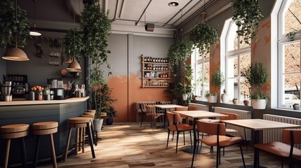 Fototapeta na wymiar Minimalist designed coffee house and bistro interior, AI generated 