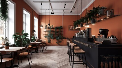 Warm and cozy atmosphere coffee house interior with plants and wooden furniture, AI generated 