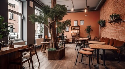 Fototapeta na wymiar Cozy speciality coffee house interior with brick wall and light windows, AI generated 