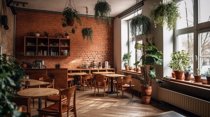 Bohemian and scandinavian style urban coffee house interior with plants and brick wall, AI generated