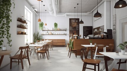 Fototapeta na wymiar Cozy urban scandinavian style speciality coffee house interior, AI-generated 